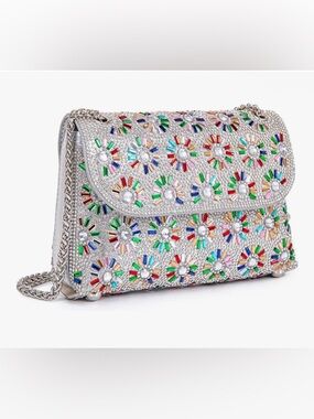 🆕 Rhinestone Silver Evening Clutch with Multicolor Gem Accents